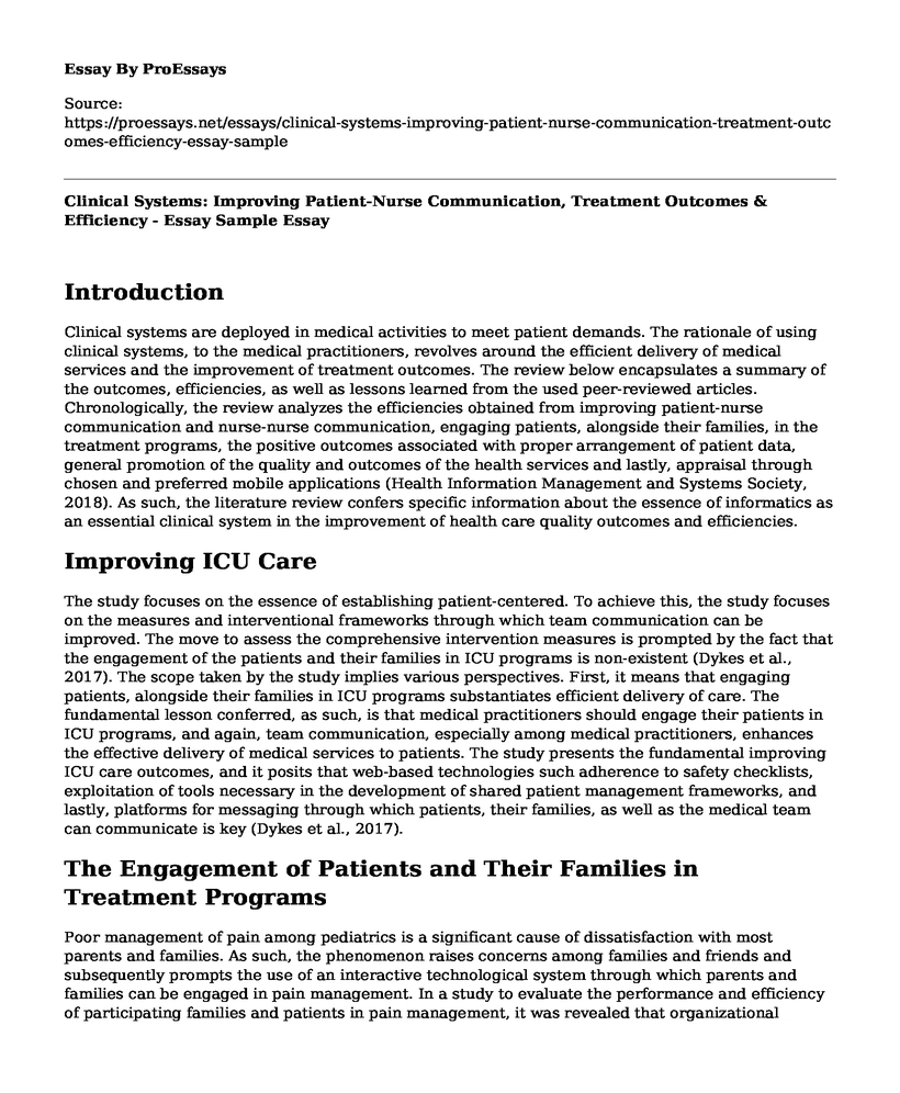 Clinical Systems: Improving Patient-Nurse Communication, Treatment Outcomes & Efficiency - Essay Sample