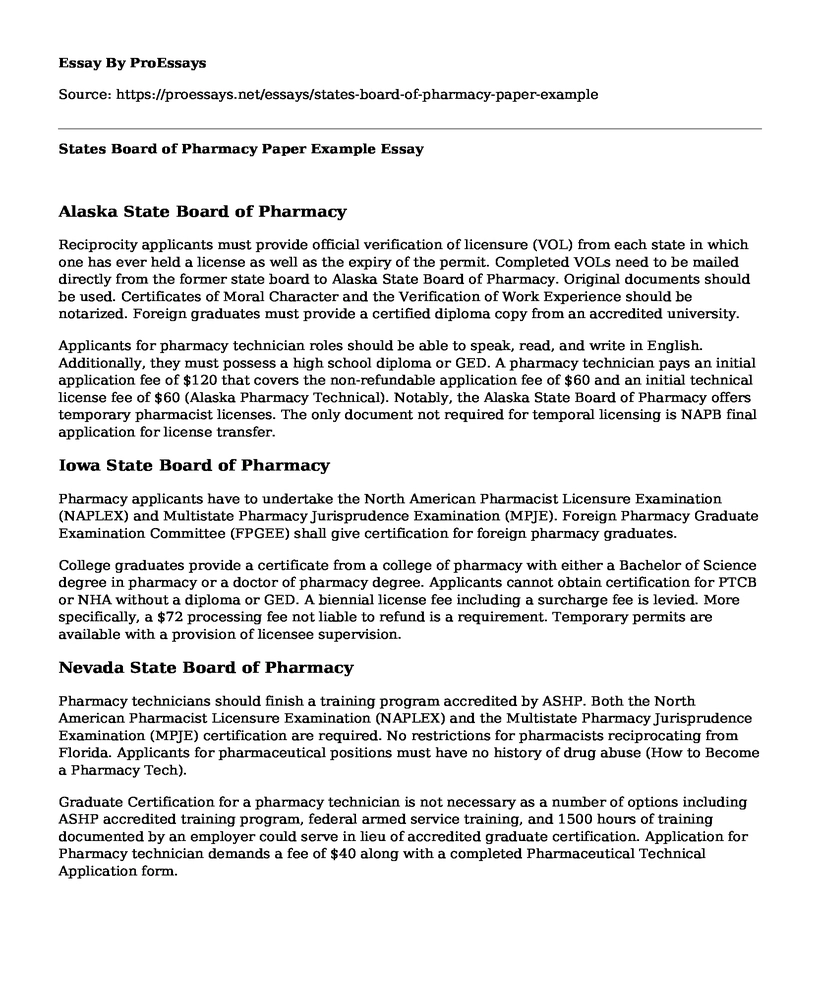 States Board of Pharmacy Paper Example