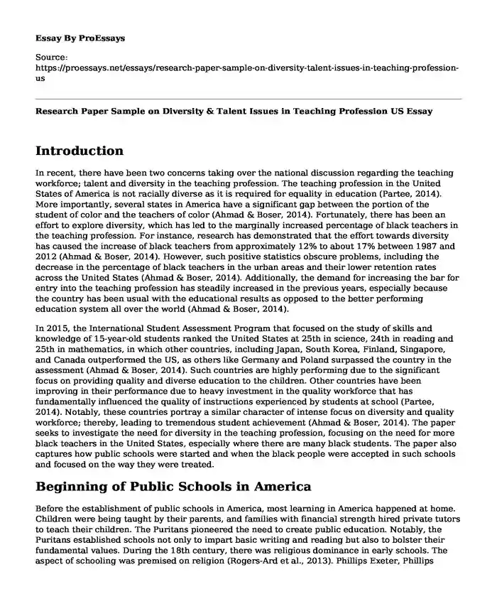 Research Paper Sample on Diversity & Talent Issues in Teaching Profession US
