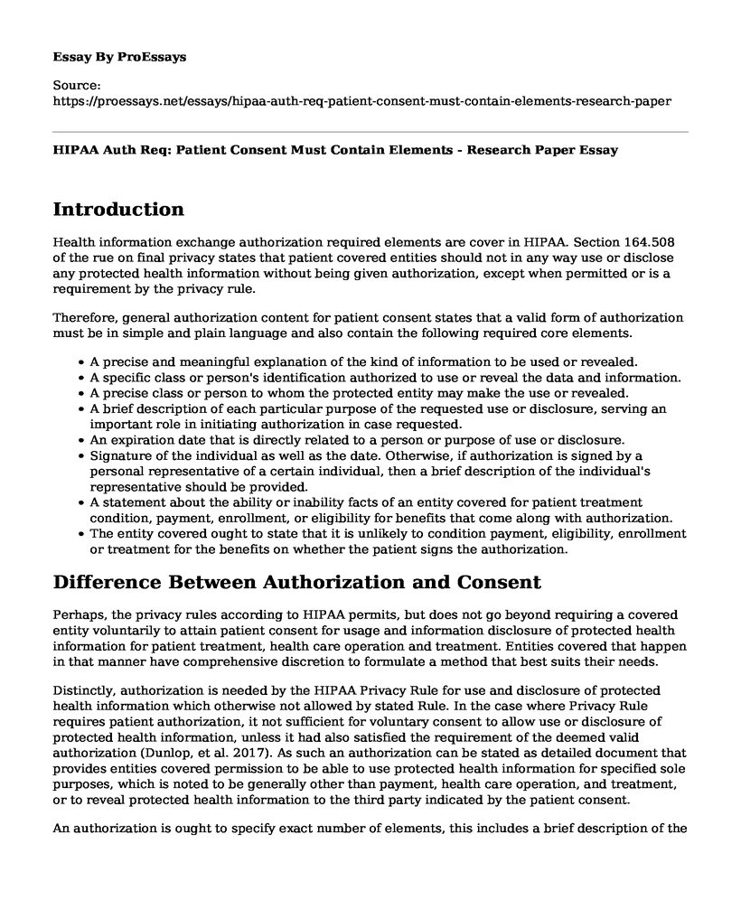 HIPAA Auth Req: Patient Consent Must Contain Elements - Research Paper