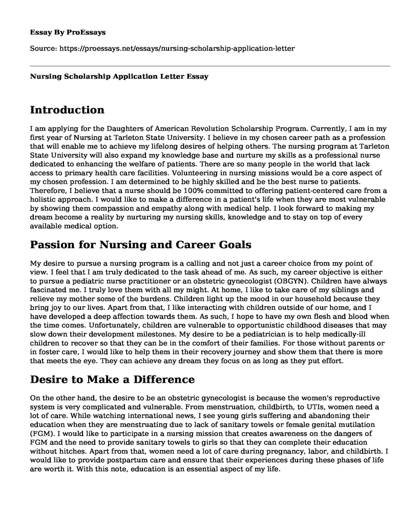 Nursing Scholarship Application Letter