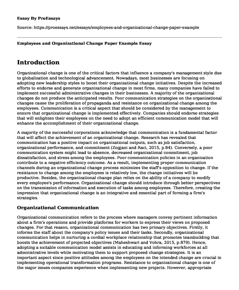 Employees and Organizational Change Paper Example