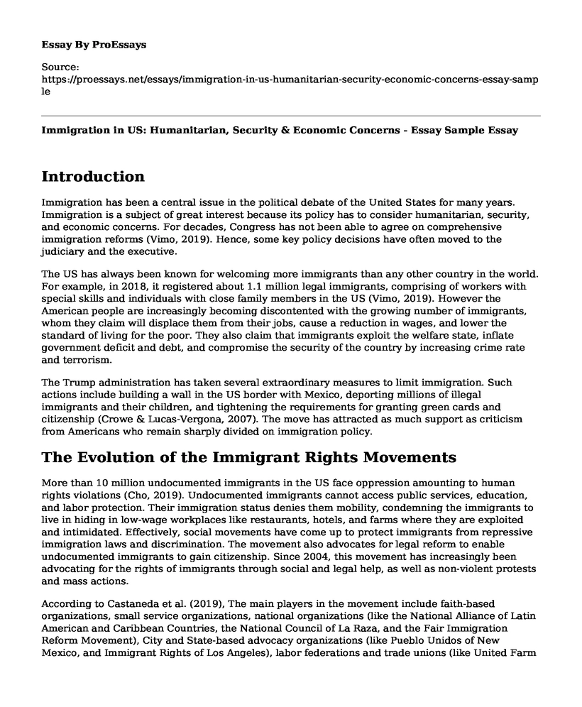 Immigration in US: Humanitarian, Security & Economic Concerns - Essay Sample
