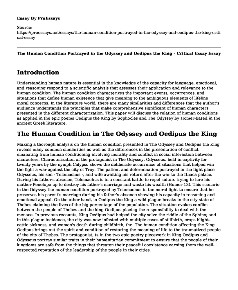 The Human Condition Portrayed in the Odyssey and Oedipus the King - Critical Essay