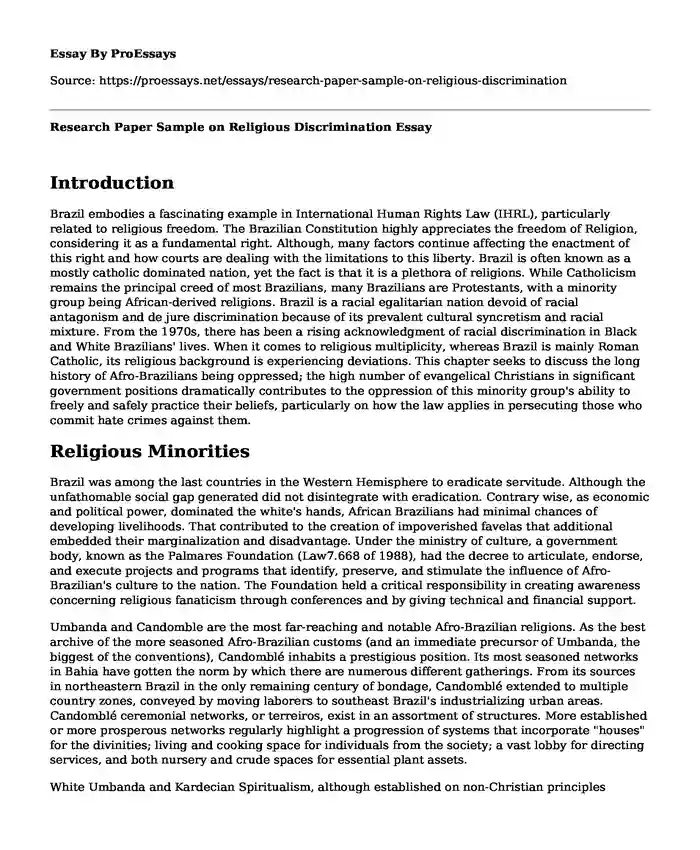 Research Paper Sample on Religious Discrimination