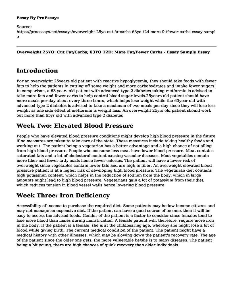 Overweight 25YO: Cut Fat/Carbs; 63YO T2D: More Fat/Fewer Carbs - Essay Sample