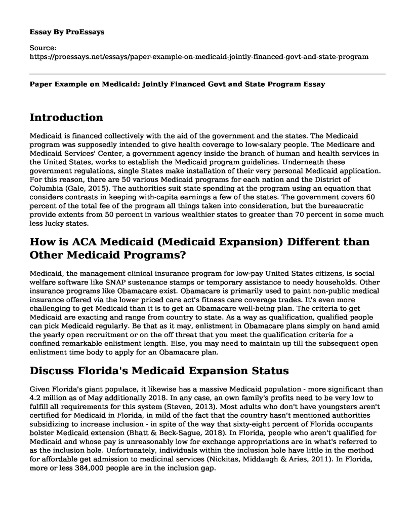 Paper Example on Medicaid: Jointly Financed Govt and State Program