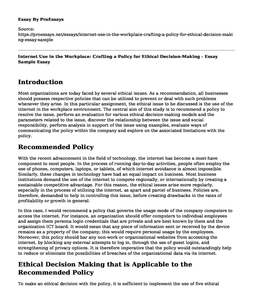 Internet Use in the Workplace: Crafting a Policy for Ethical Decision-Making - Essay Sample