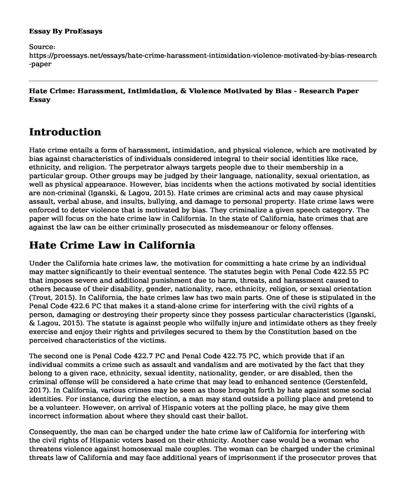 Hate Crime: Harassment, Intimidation, & Violence Motivated by Bias - Research Paper