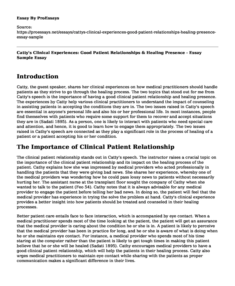 Catty's Clinical Experiences: Good Patient Relationships & Healing Presence - Essay Sample