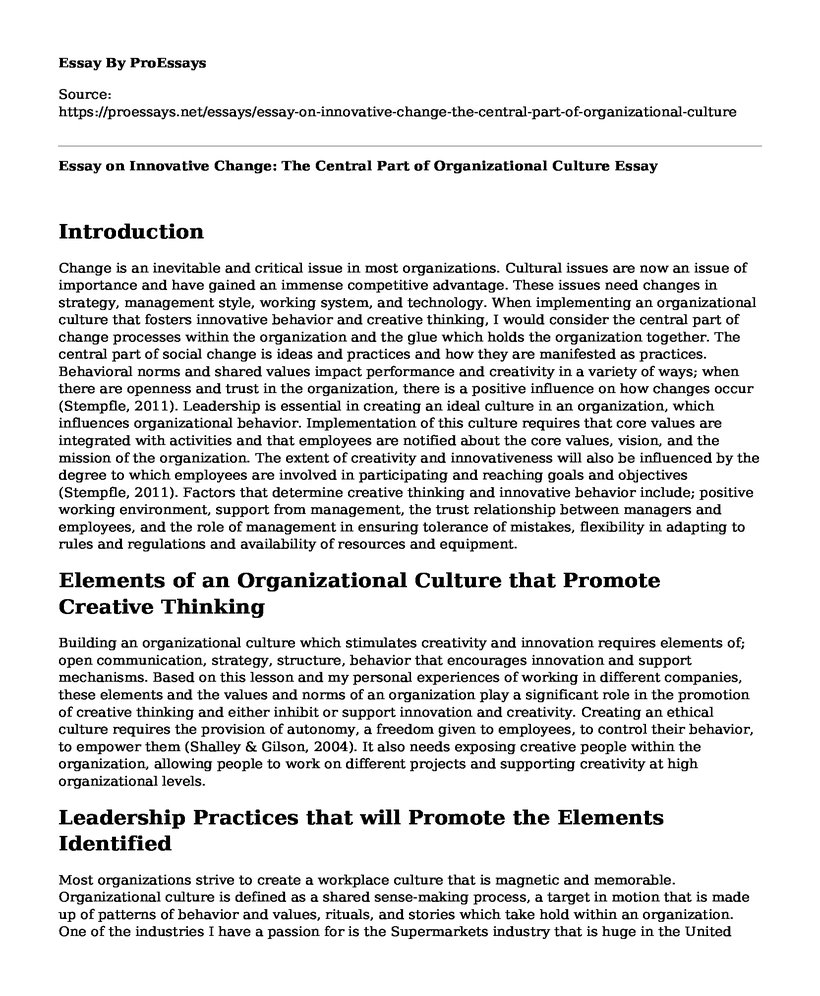 Essay on Innovative Change: The Central Part of Organizational Culture
