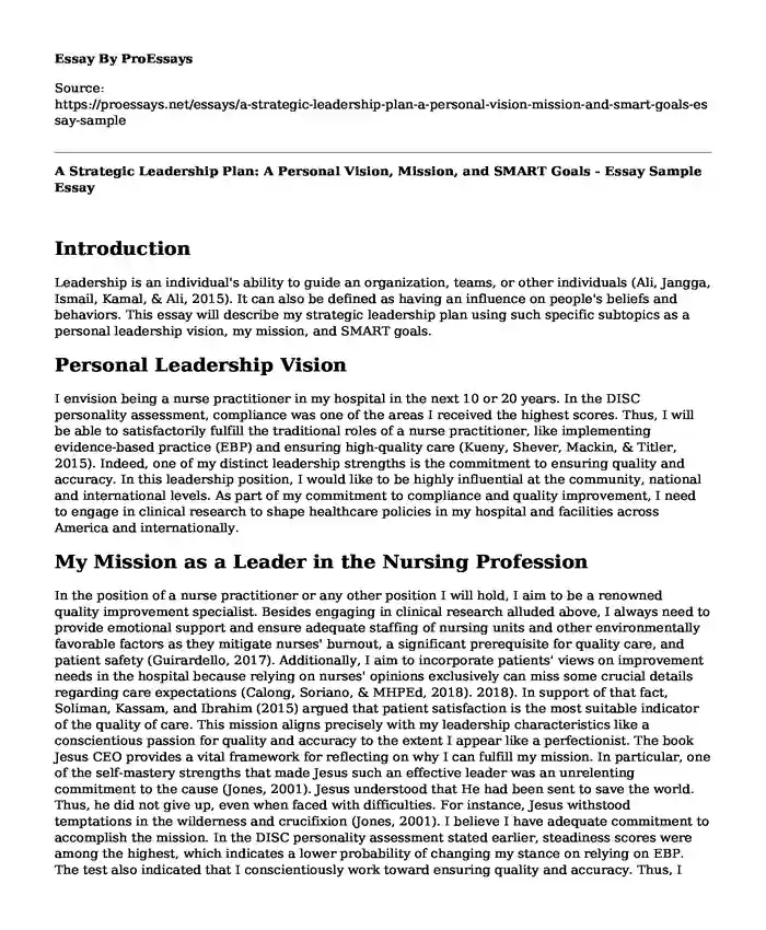 A Strategic Leadership Plan: A Personal Vision, Mission, and SMART Goals - Essay Sample