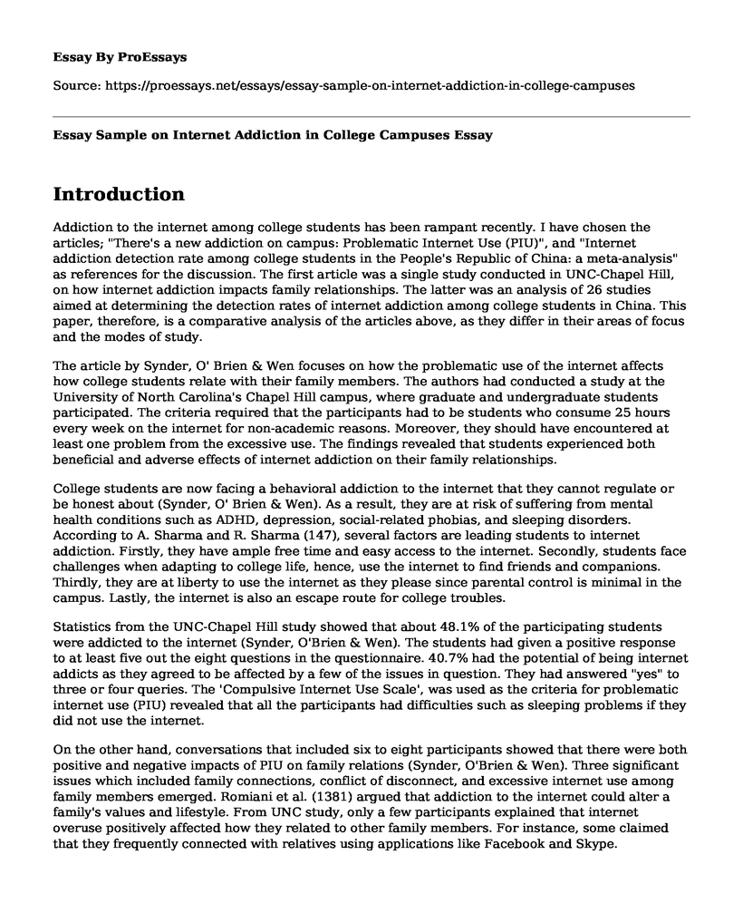 Essay Sample on Internet Addiction in College Campuses
