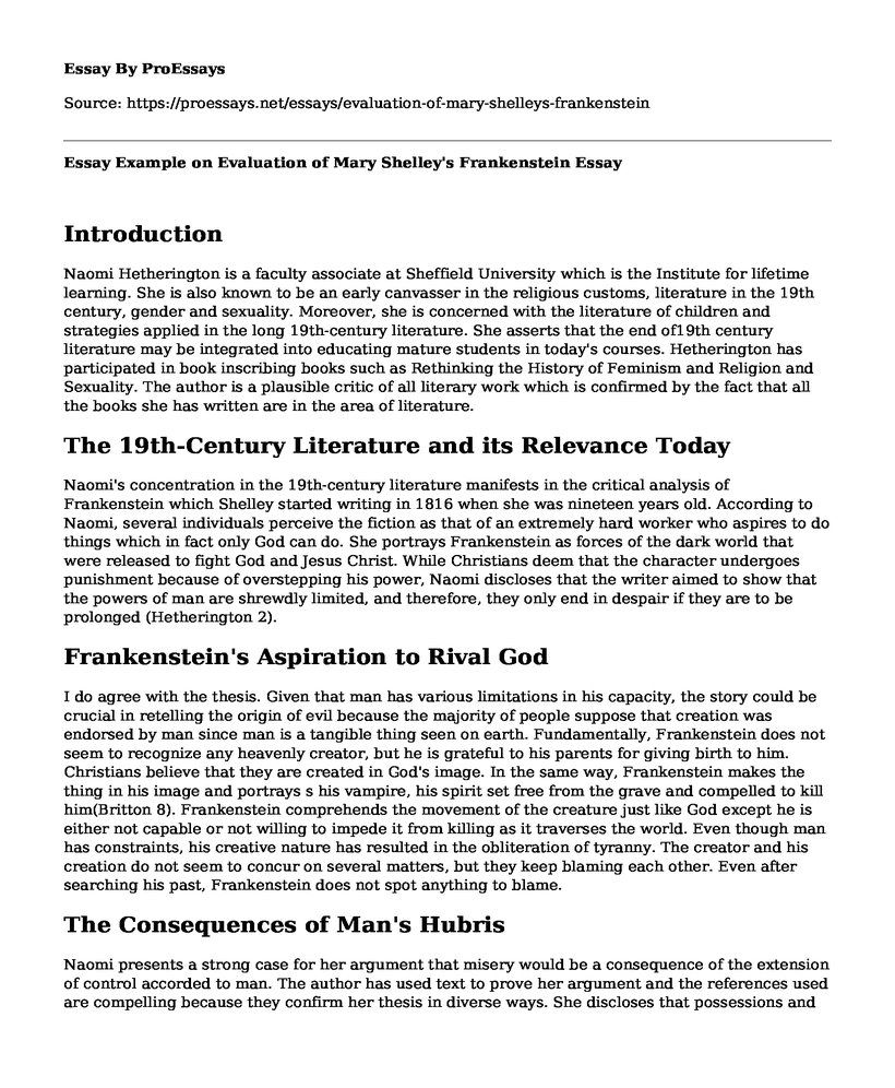 Essay Example on Evaluation of Mary Shelley's Frankenstein