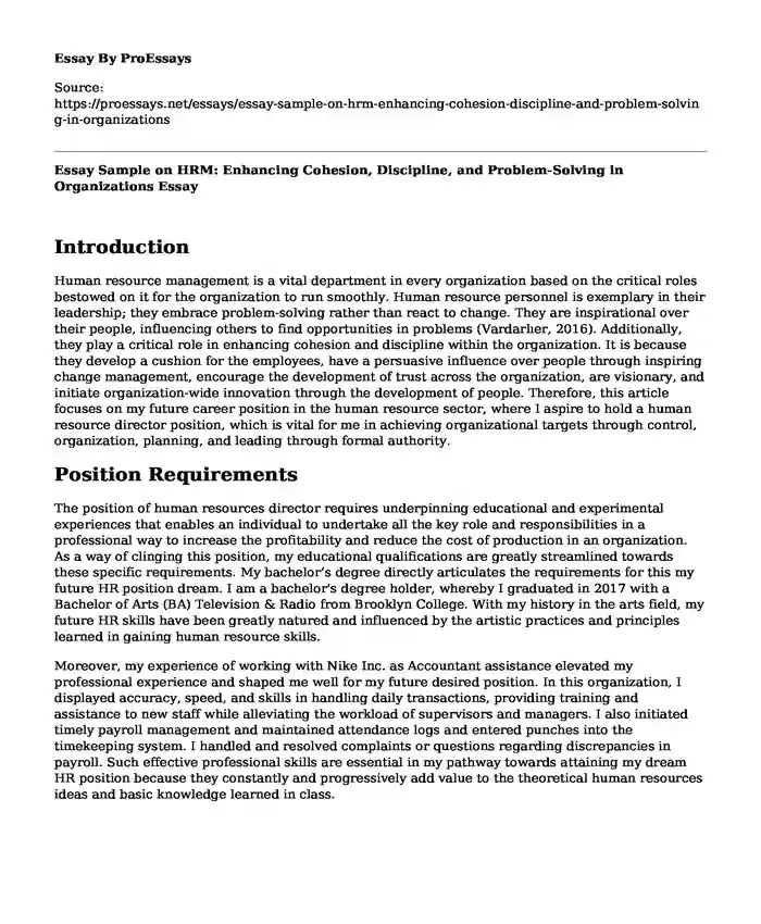 Essay Sample on HRM: Enhancing Cohesion, Discipline, and Problem-Solving in Organizations