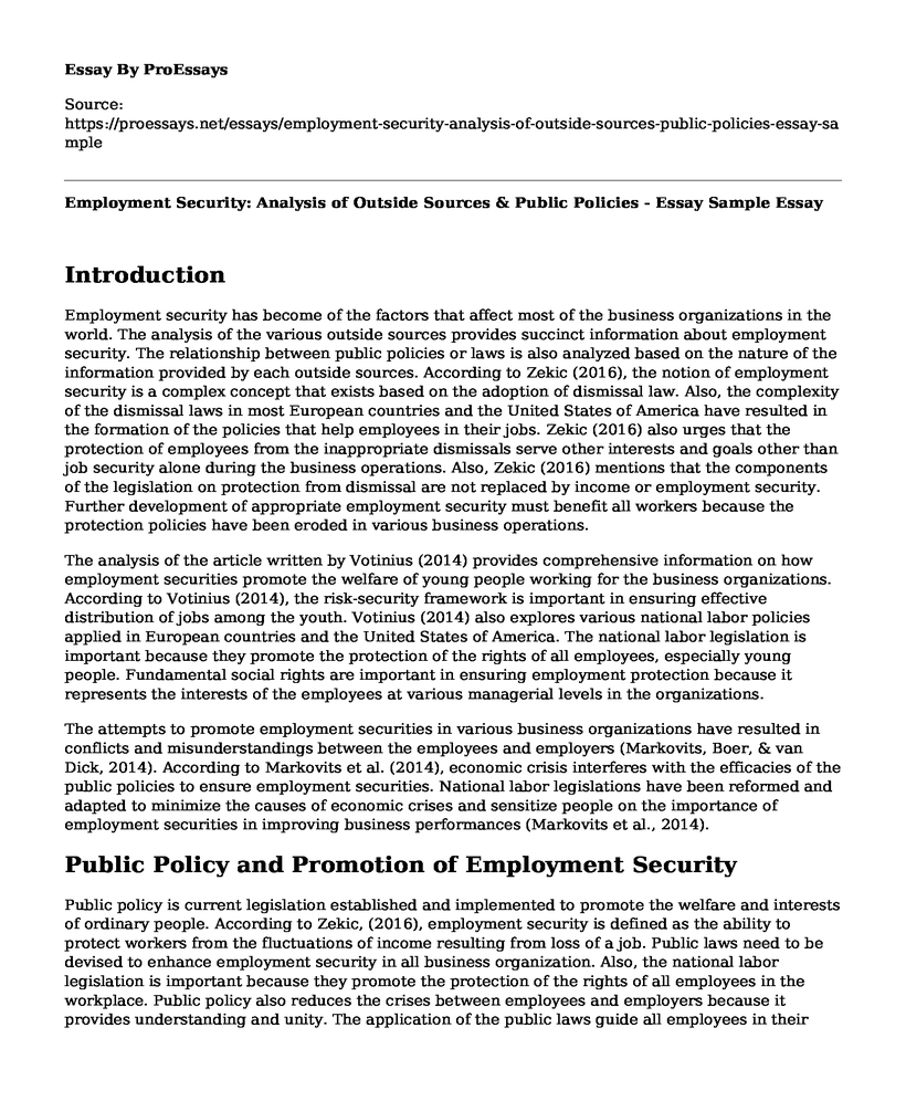 Employment Security: Analysis of Outside Sources & Public Policies - Essay Sample