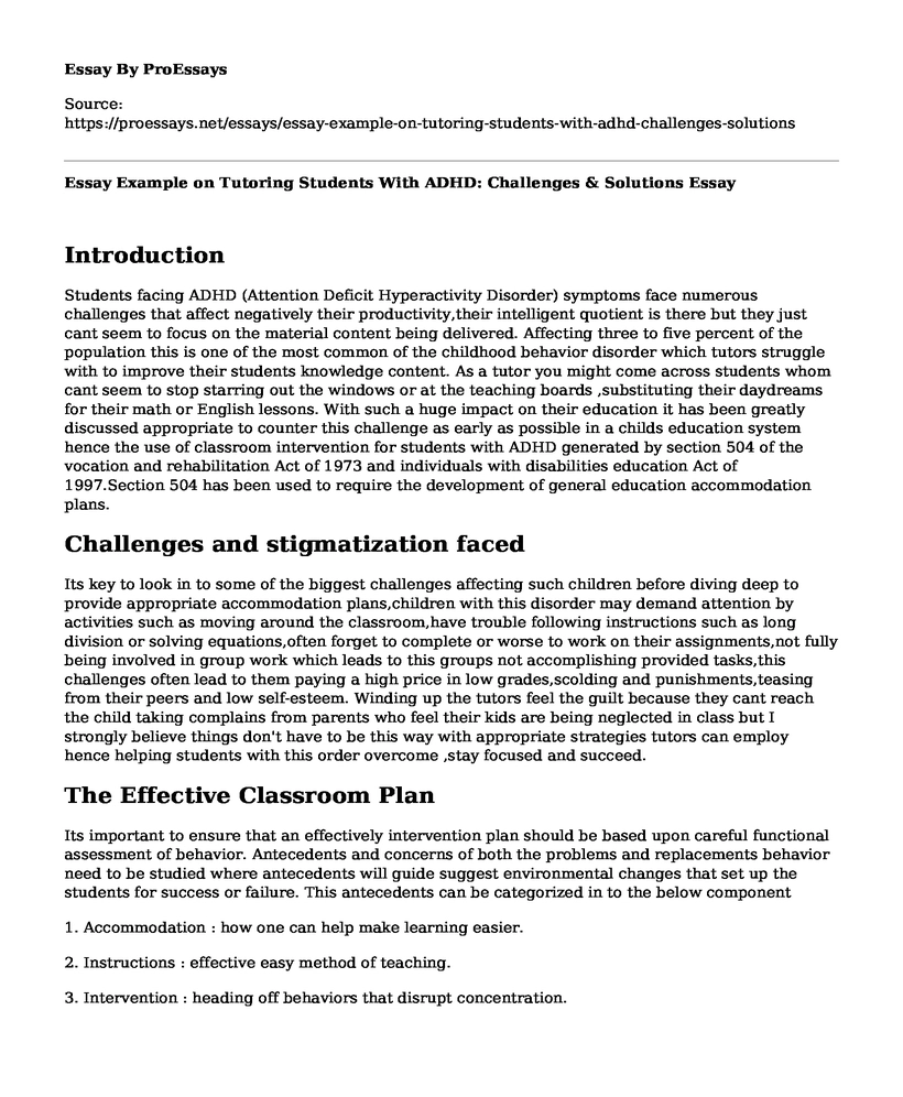 Essay Example on Tutoring Students With ADHD: Challenges & Solutions