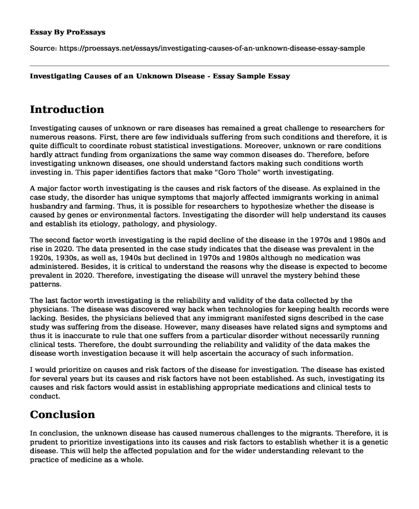 Investigating Causes of an Unknown Disease - Essay Sample 