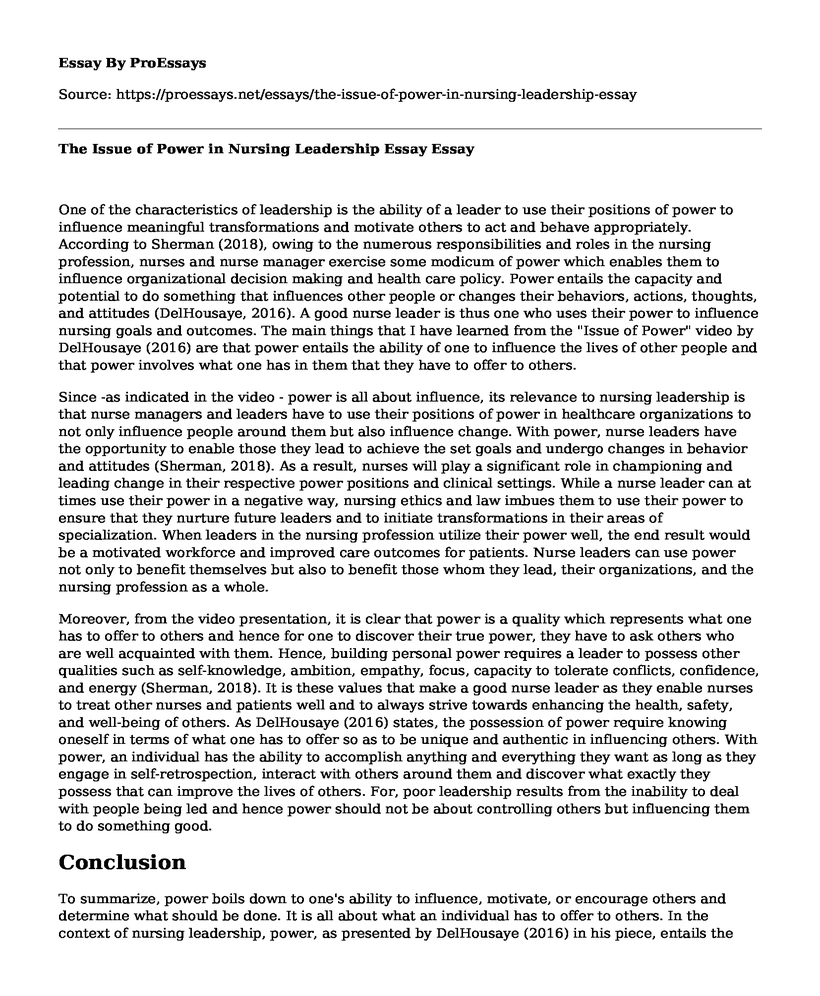 The Issue of Power in Nursing Leadership Essay
