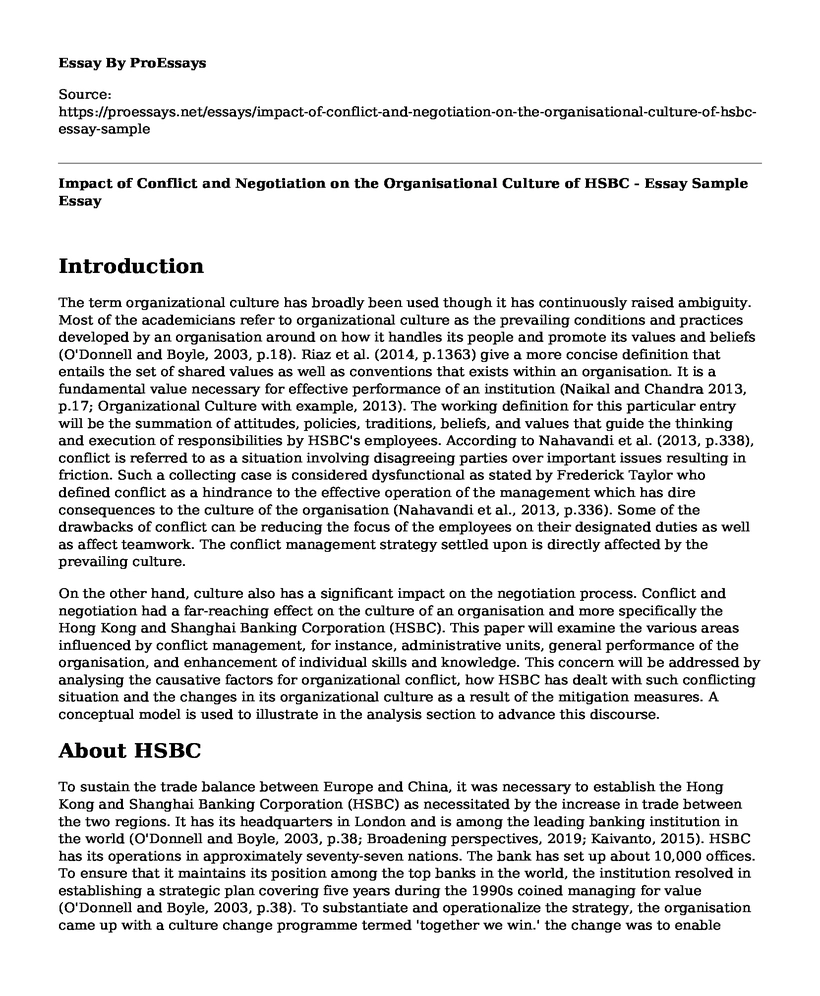 Impact of Conflict and Negotiation on the Organisational Culture of HSBC - Essay Sample