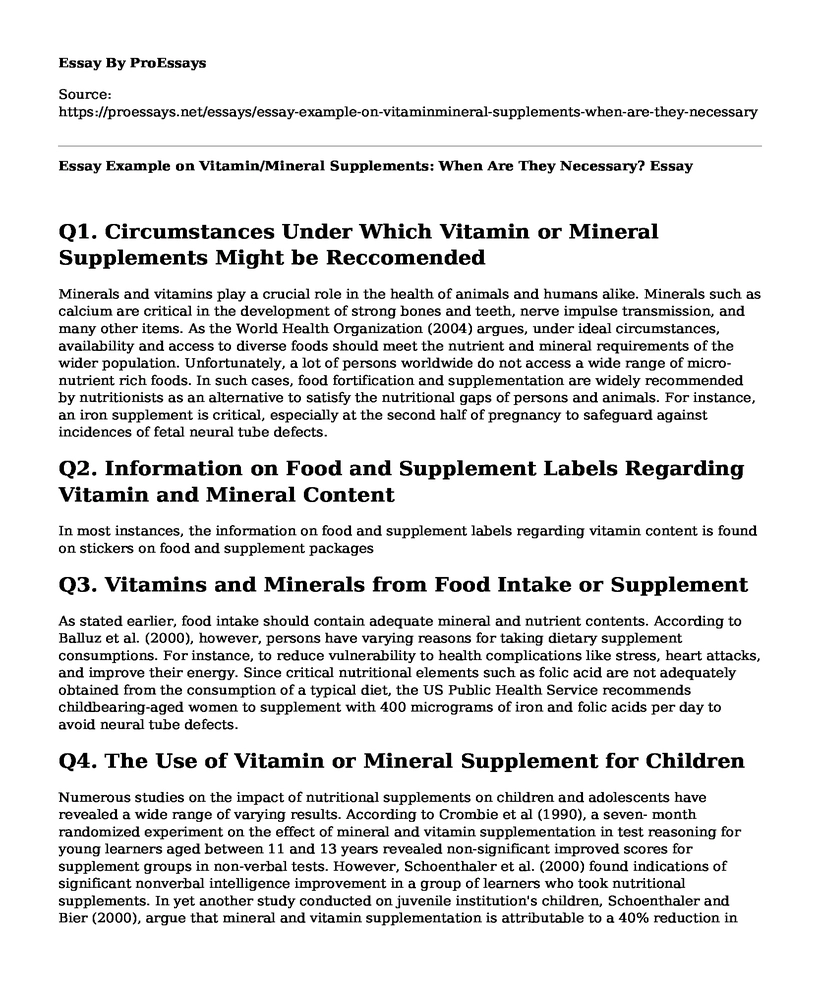 Essay Example on Vitamin/Mineral Supplements: When Are They Necessary?