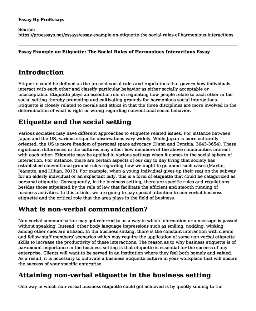 Essay Example on Etiquette: The Social Rules of Harmonious Interactions