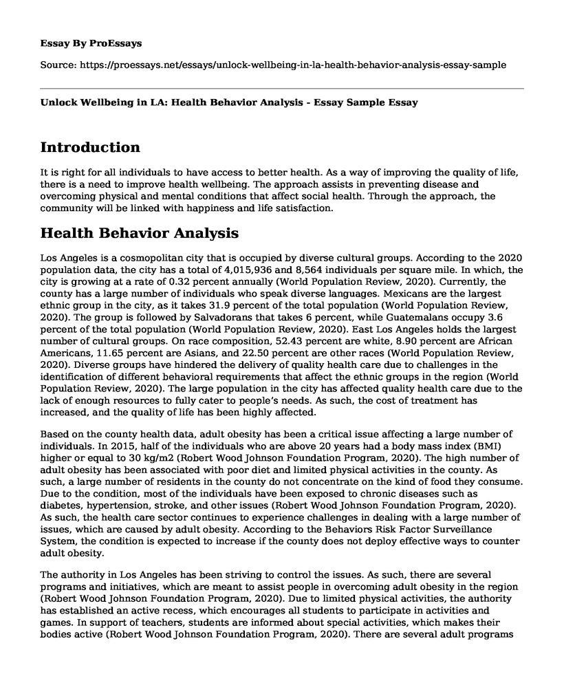 Unlock Wellbeing in LA: Health Behavior Analysis - Essay Sample