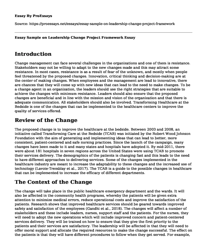 Essay Sample on Leadership Change Project Framework