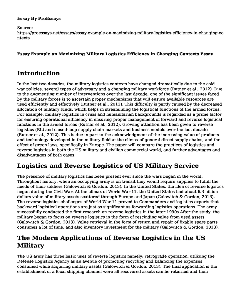 Essay Example on Maximizing Military Logistics Efficiency in Changing Contexts