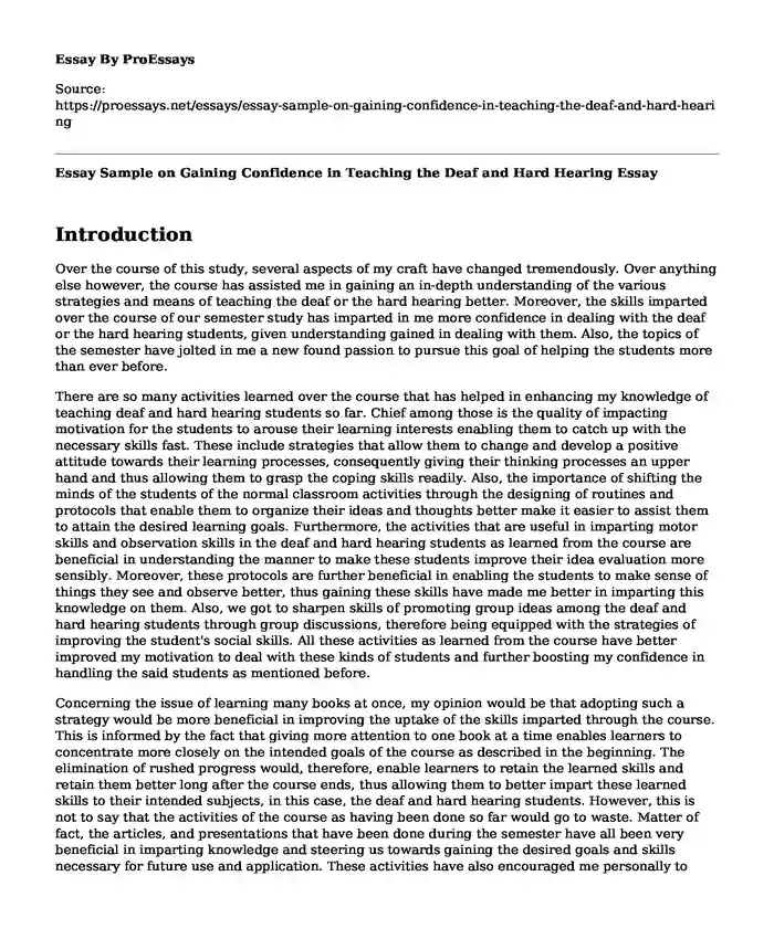 Essay Sample on Gaining Confidence in Teaching the Deaf and Hard Hearing