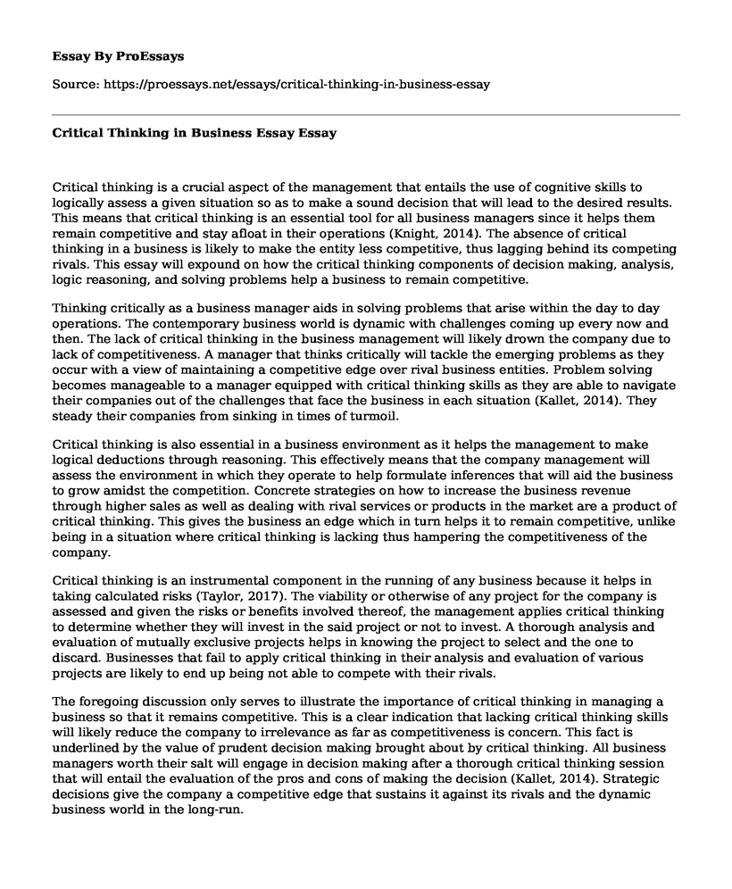 Critical Thinking in Business Essay