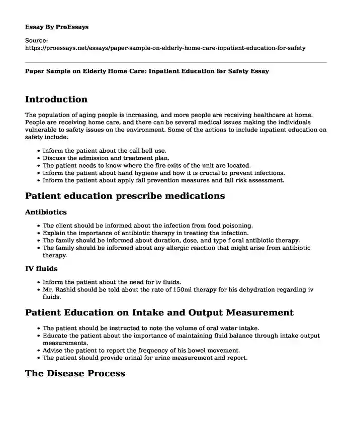 Paper Sample on Elderly Home Care: Inpatient Education for Safety
