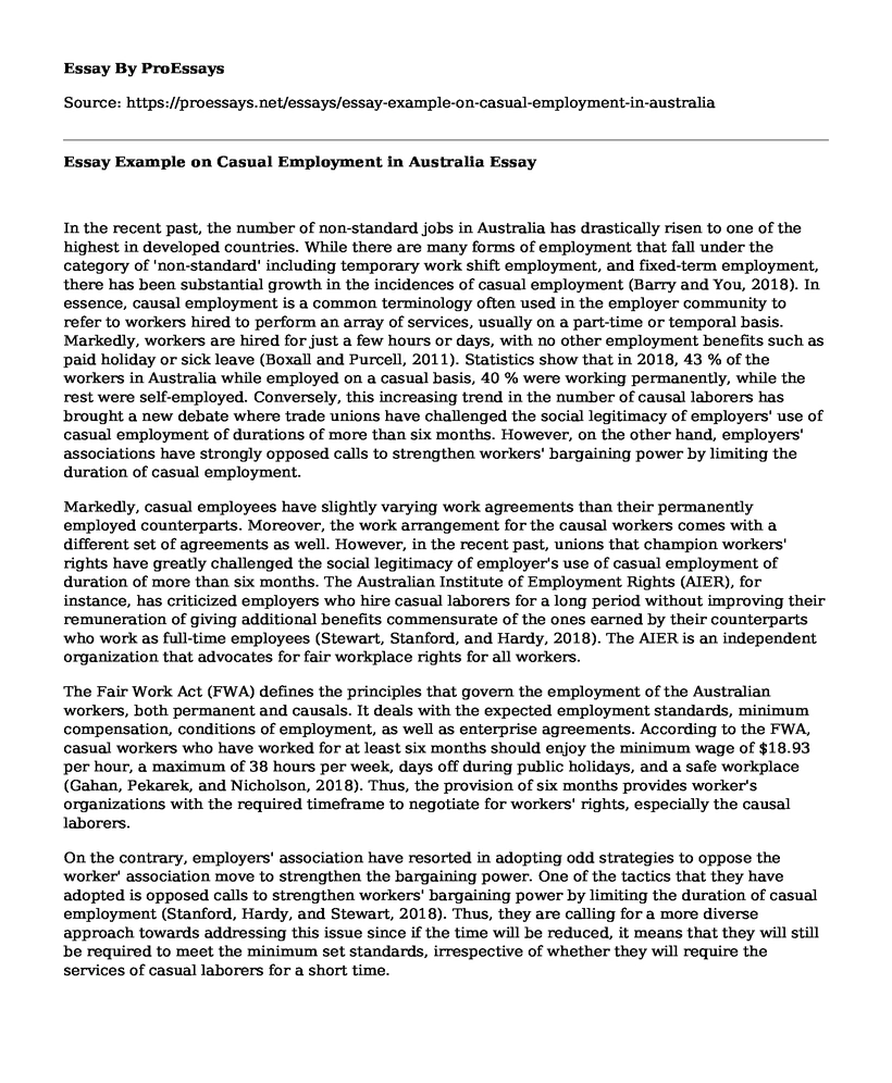 Essay Example on Casual Employment in Australia