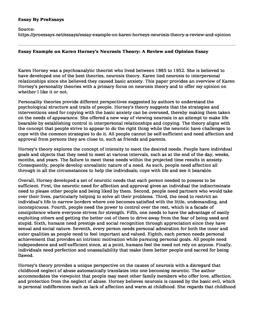 Essay Example on Karen Horney's Neurosis Theory: A Review and Opinion