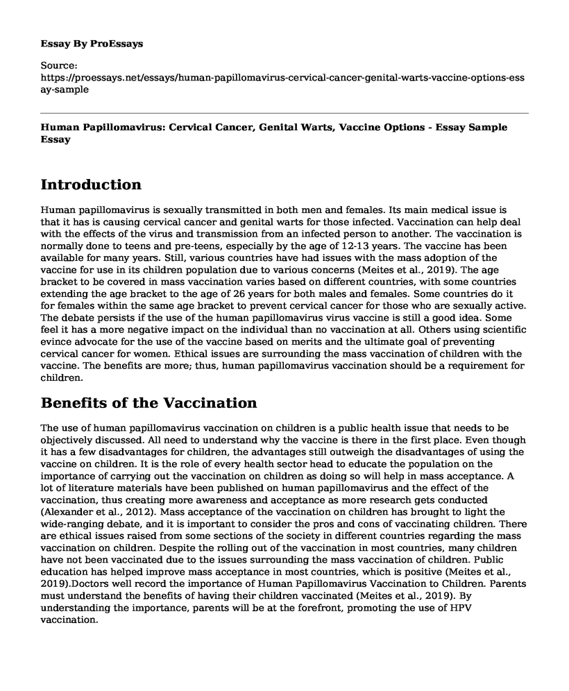 Human Papillomavirus: Cervical Cancer, Genital Warts, Vaccine Options - Essay Sample