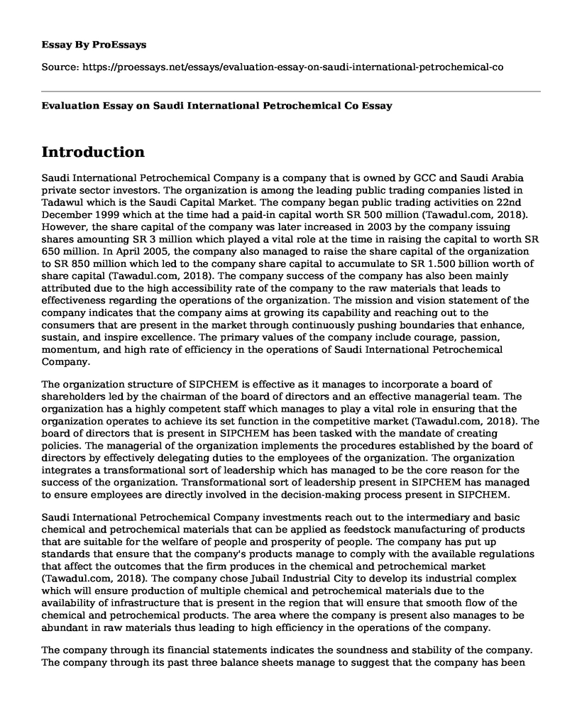 Evaluation Essay on Saudi International Petrochemical Co