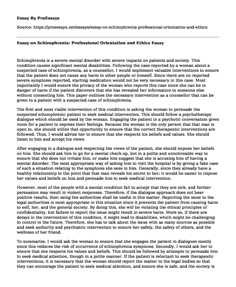 Essay on Schizophrenia: Professional Orientation and Ethics