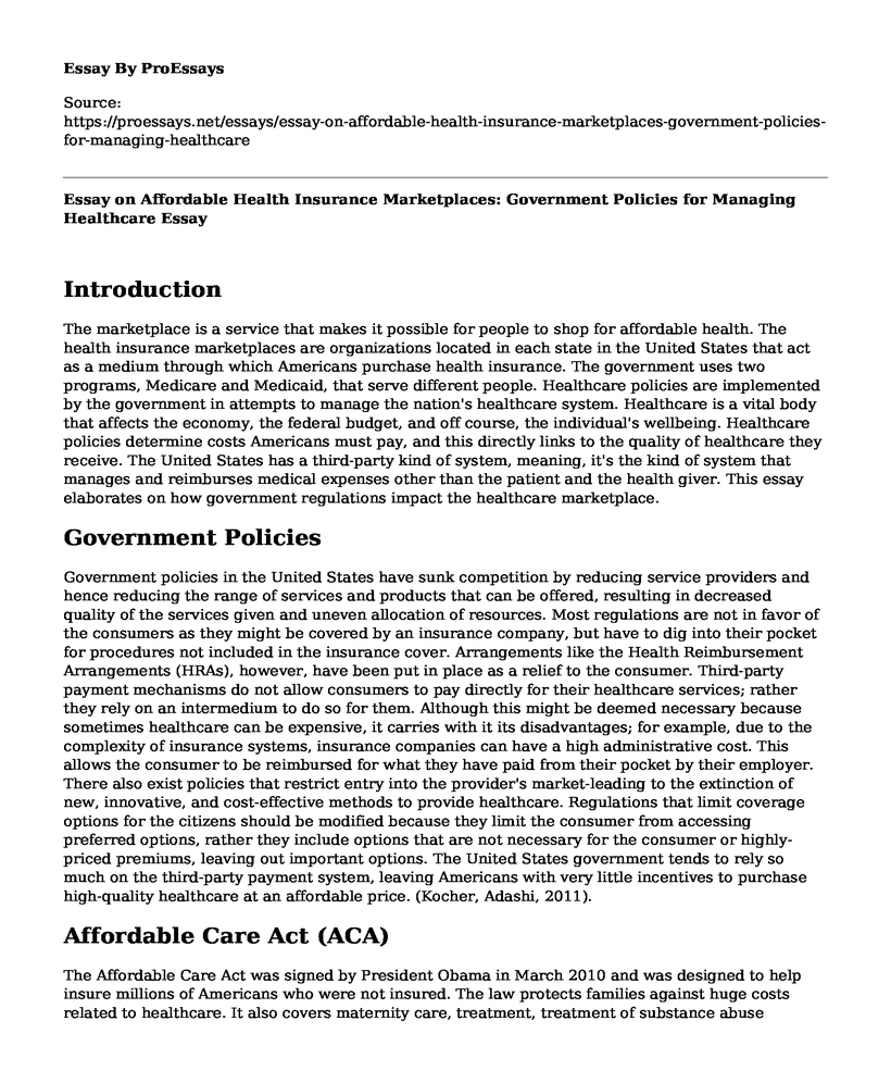 Essay on Affordable Health Insurance Marketplaces: Government Policies for Managing Healthcare