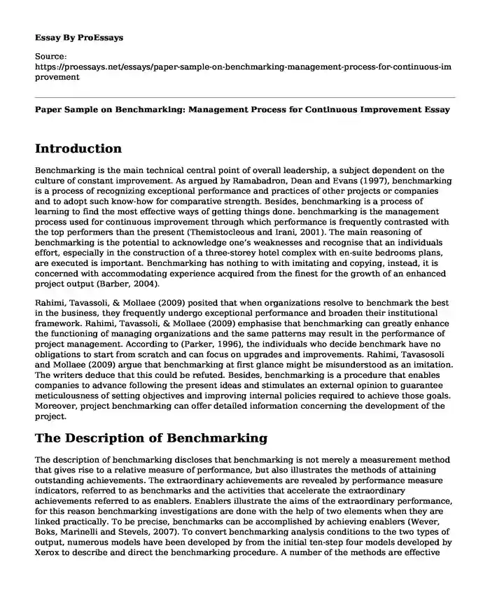 Paper Sample on Benchmarking: Management Process for Continuous Improvement