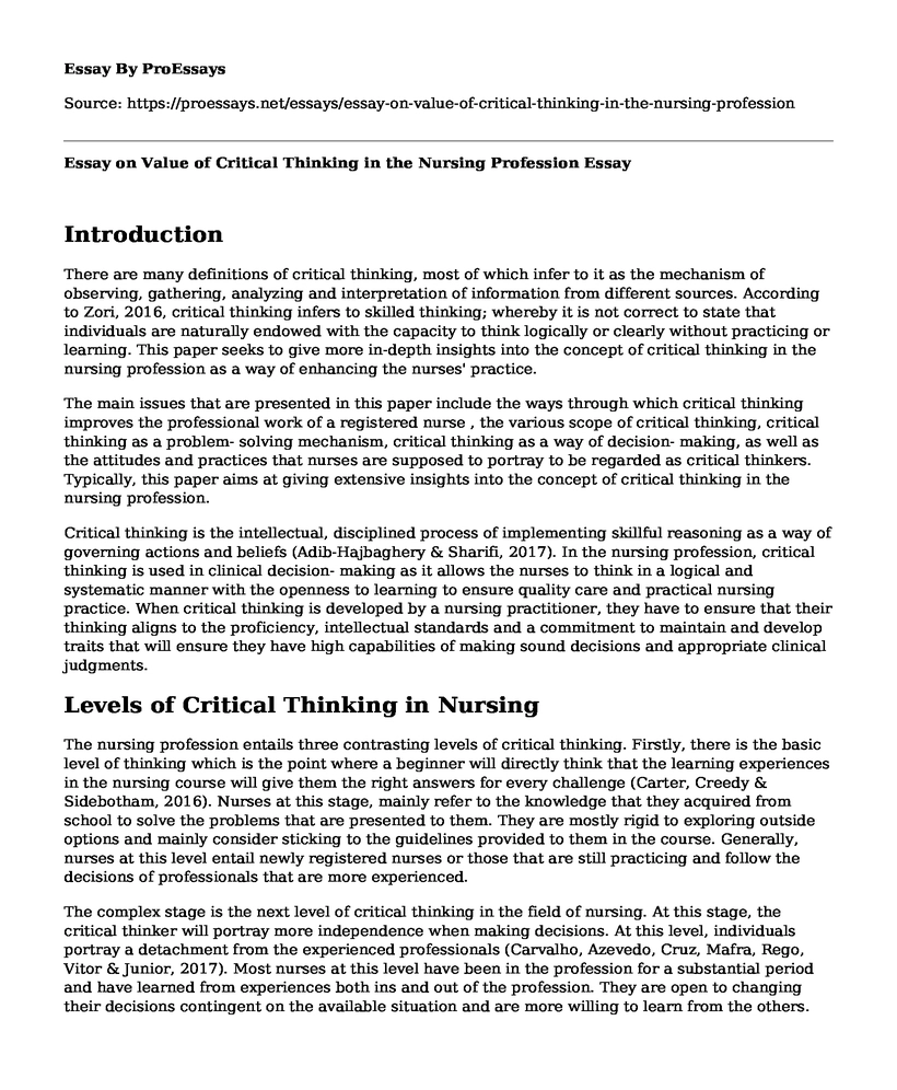 Essay on Value of Critical Thinking in the Nursing Profession