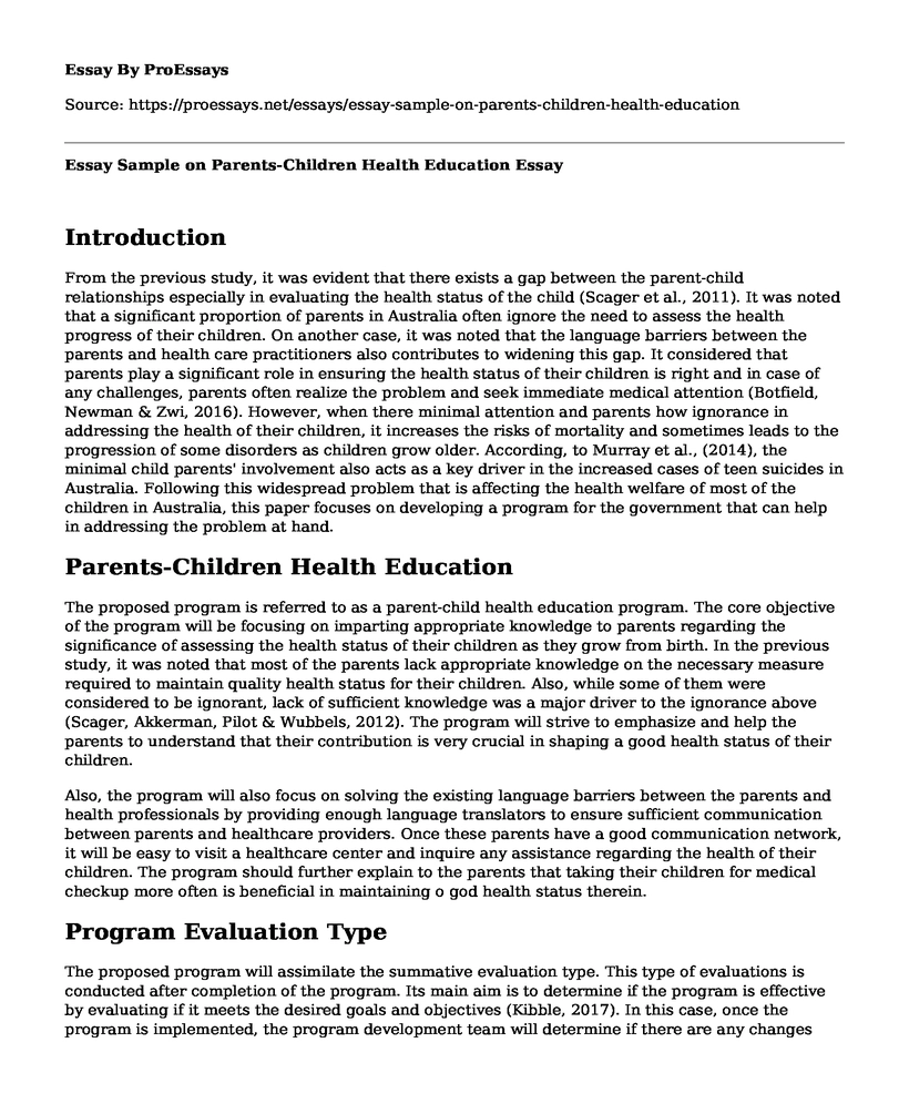 Essay Sample on Parents-Children Health Education