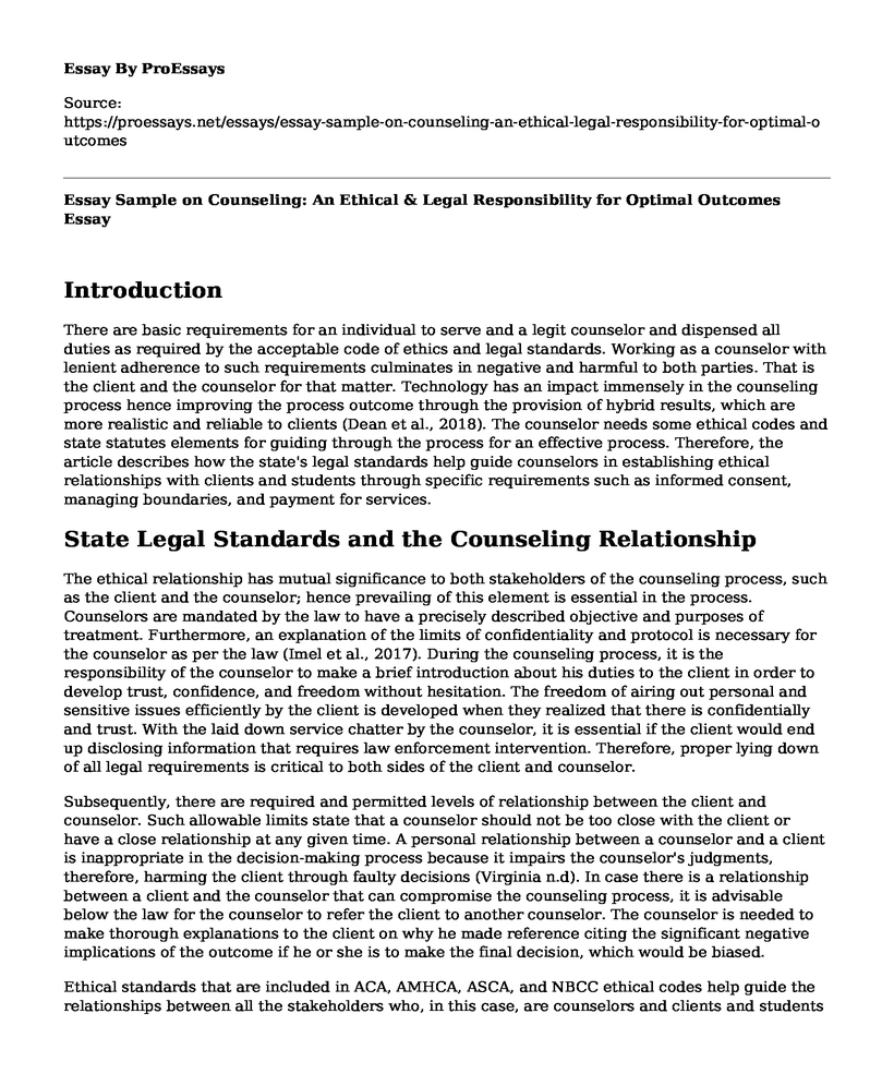 Essay Sample on Counseling: An Ethical & Legal Responsibility for Optimal Outcomes