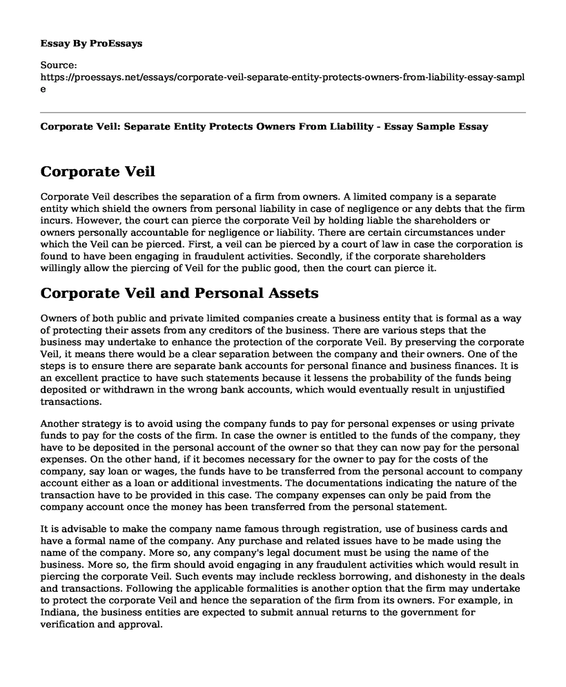 Corporate Veil: Separate Entity Protects Owners From Liability - Essay Sample