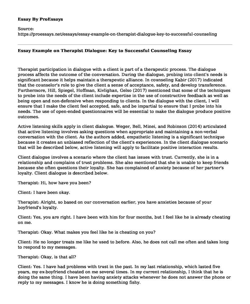 Essay Example on Therapist Dialogue: Key to Successful Counseling