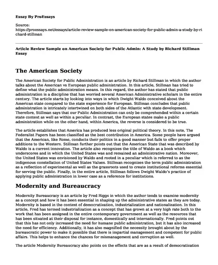 Article Review Sample on American Society for Public Admin: A Study by Richard Stillman
