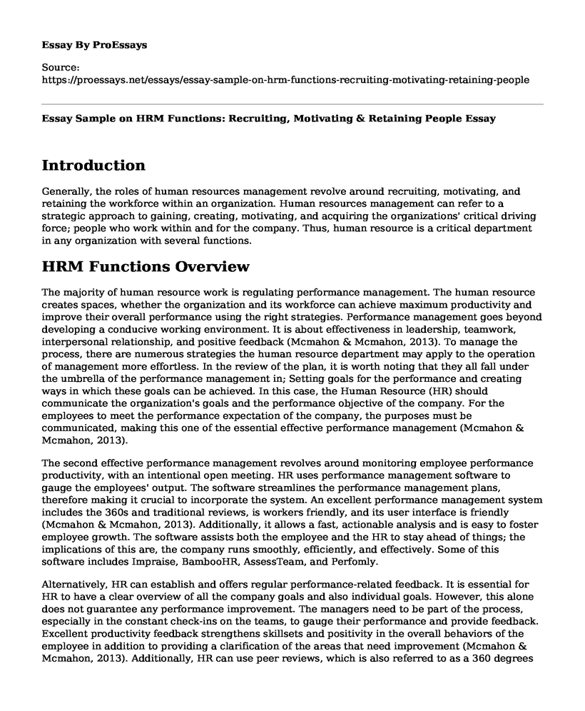 Essay Sample on HRM Functions: Recruiting, Motivating & Retaining People