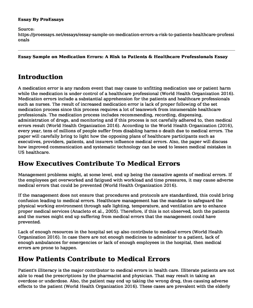 Essay Sample on Medication Errors: A Risk to Patients & Healthcare Professionals