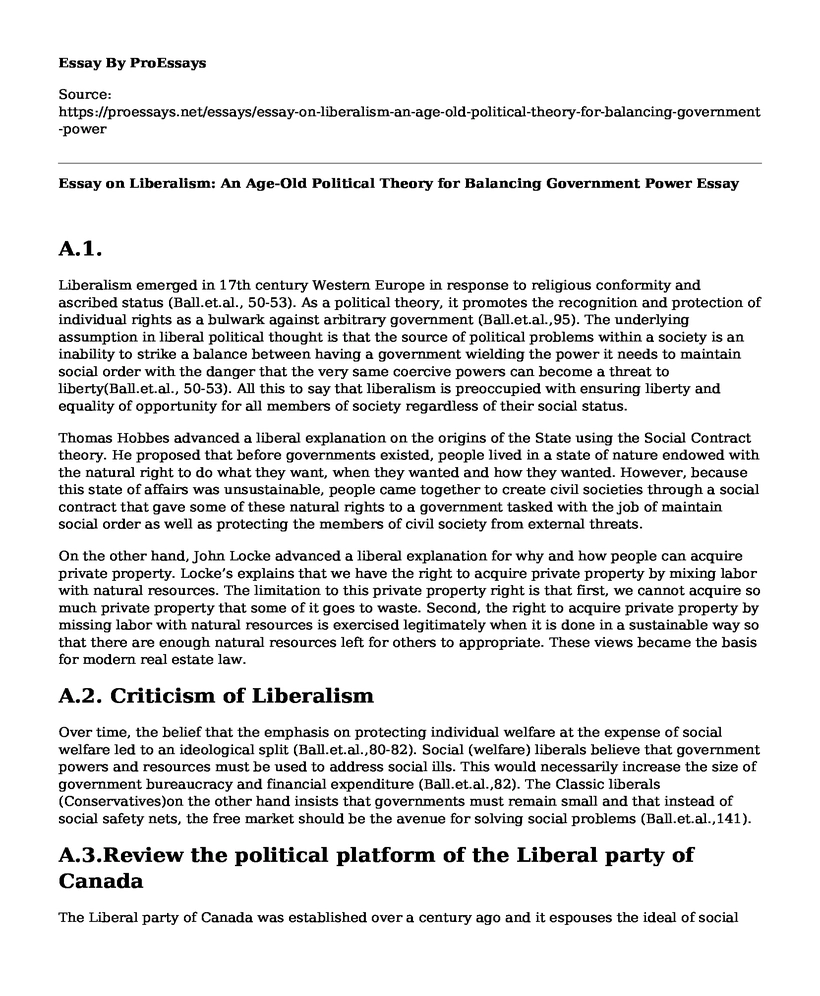 Essay on Liberalism: An Age-Old Political Theory for Balancing Government Power