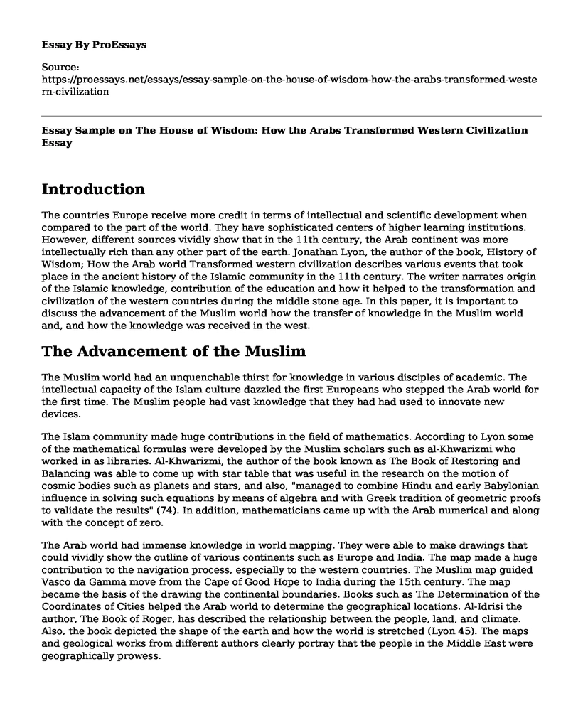 Essay Sample on The House of Wisdom: How the Arabs Transformed Western Civilization