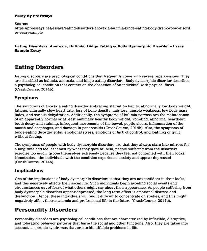 Eating Disorders: Anorexia, Bulimia, Binge Eating & Body Dysmorphic Disorder - Essay Sample